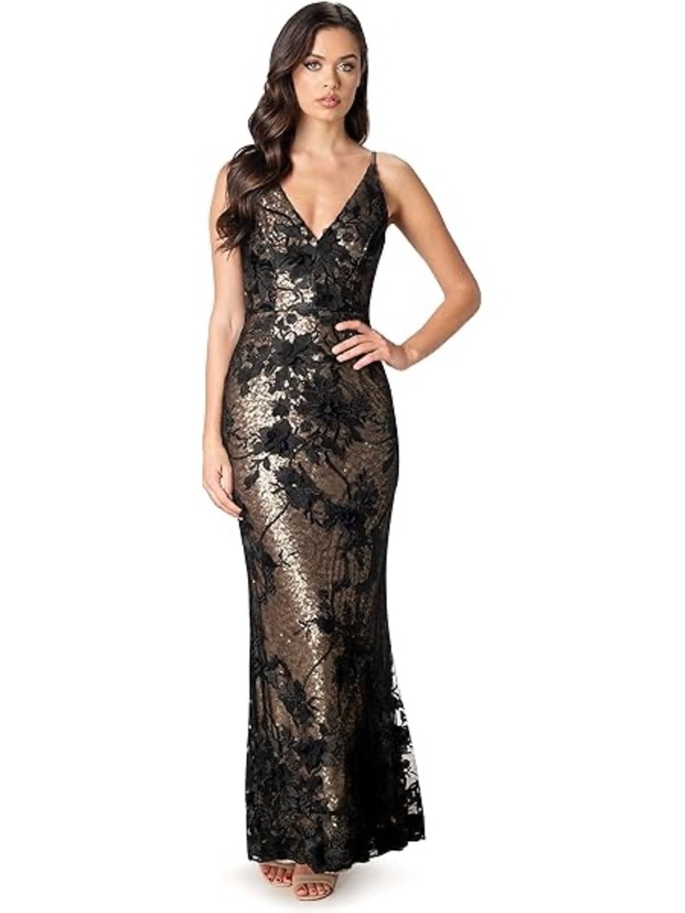 Dress the Population Black and Gold Strapless Floral Appliqué Gown